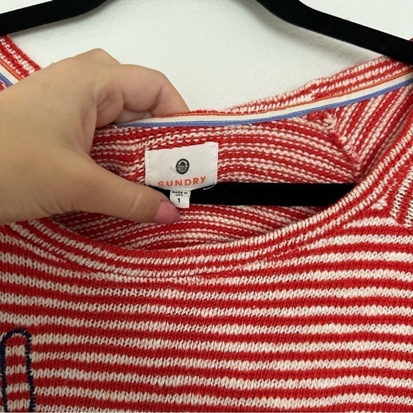 SUNDRY Love Embroidery Sweater Striped Knit Pullover Red White Size 1 Small - Picture 9 of 12